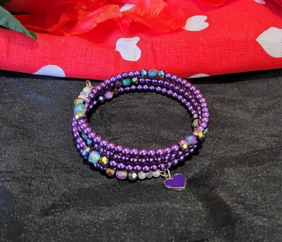 Valentines Memory Wire Bracelet - Purple and Rainbow