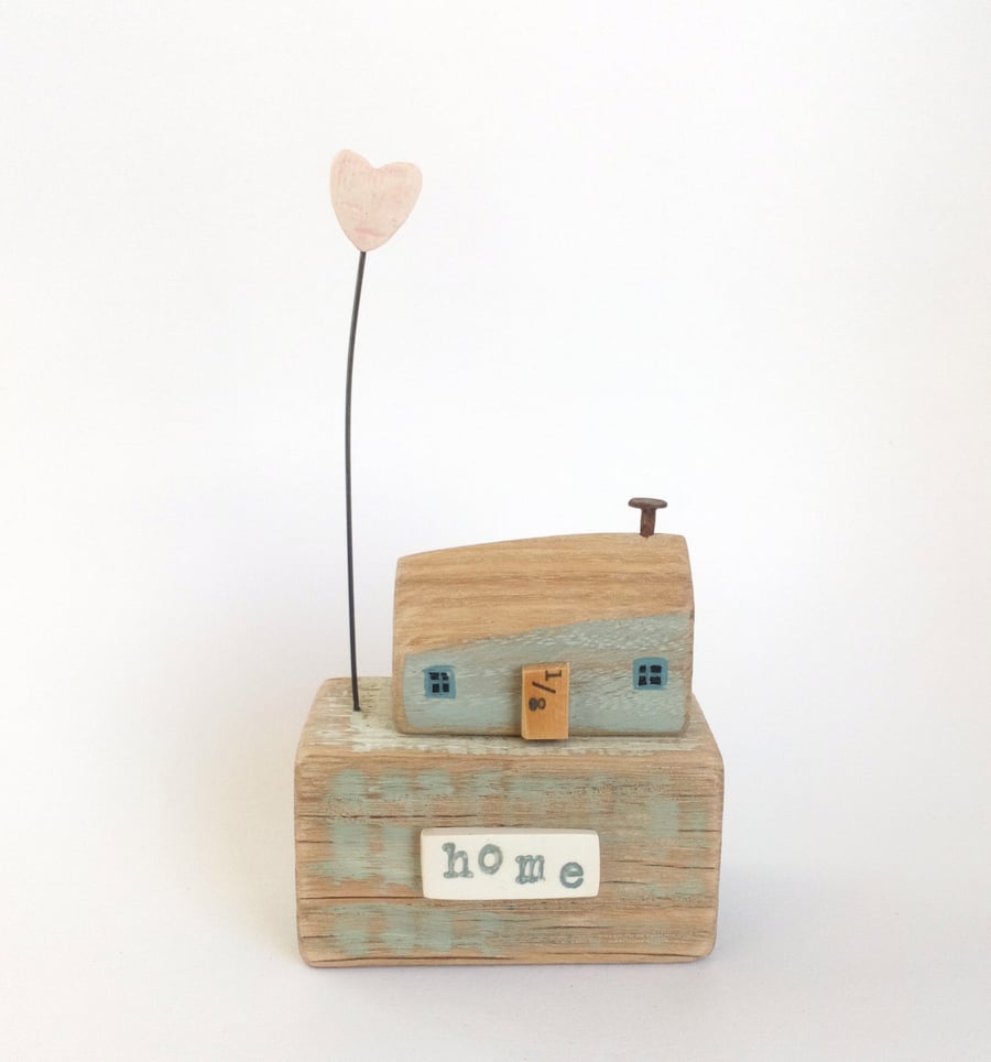 SALE - Little wooden house with a clay love heart