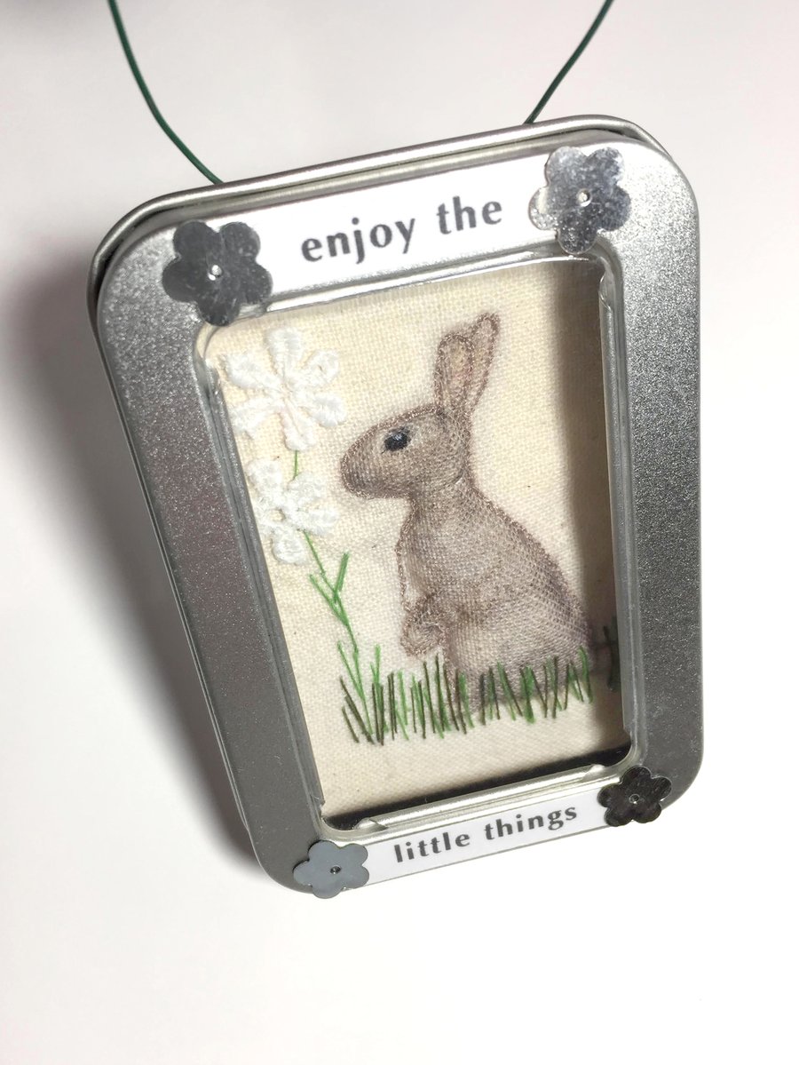 Little fabric rabbit picture framed in tin, gift, stocking filler, ornament