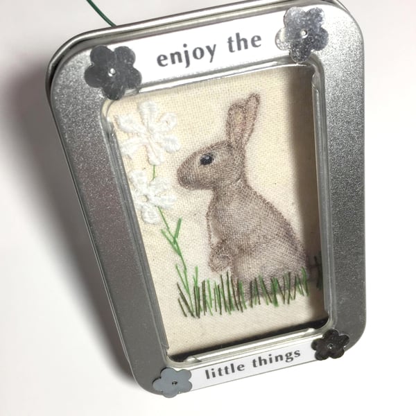 Little fabric rabbit picture framed in tin, gift, stocking filler, ornament