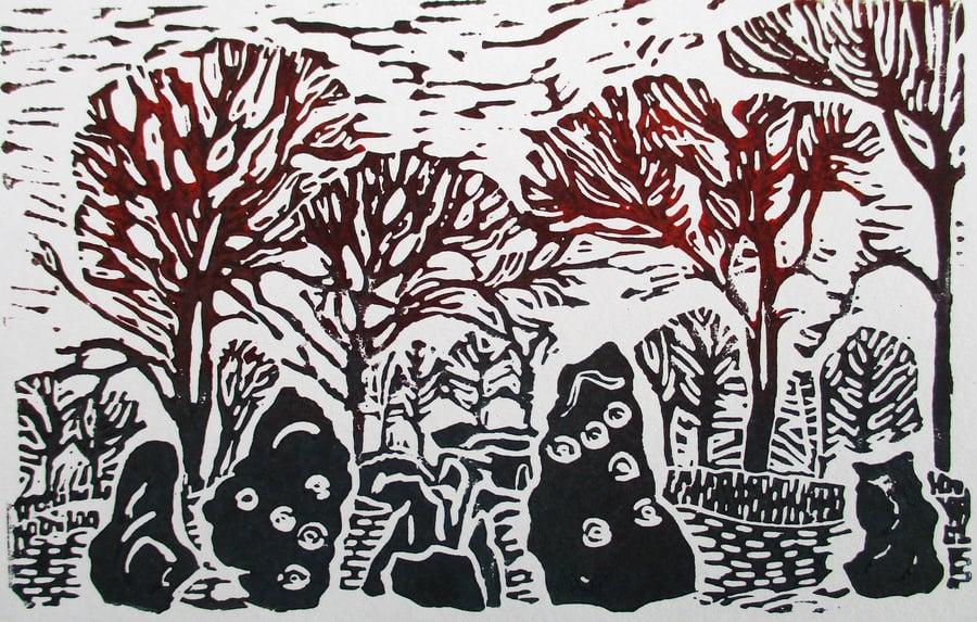 Wayland's Smithy Long Barrow Oxfordshire Original Hand Pressed Linocut Print