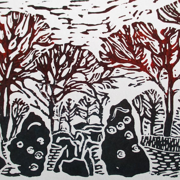 Wayland's Smithy Long Barrow Oxfordshire Original Hand Pressed Linocut Print