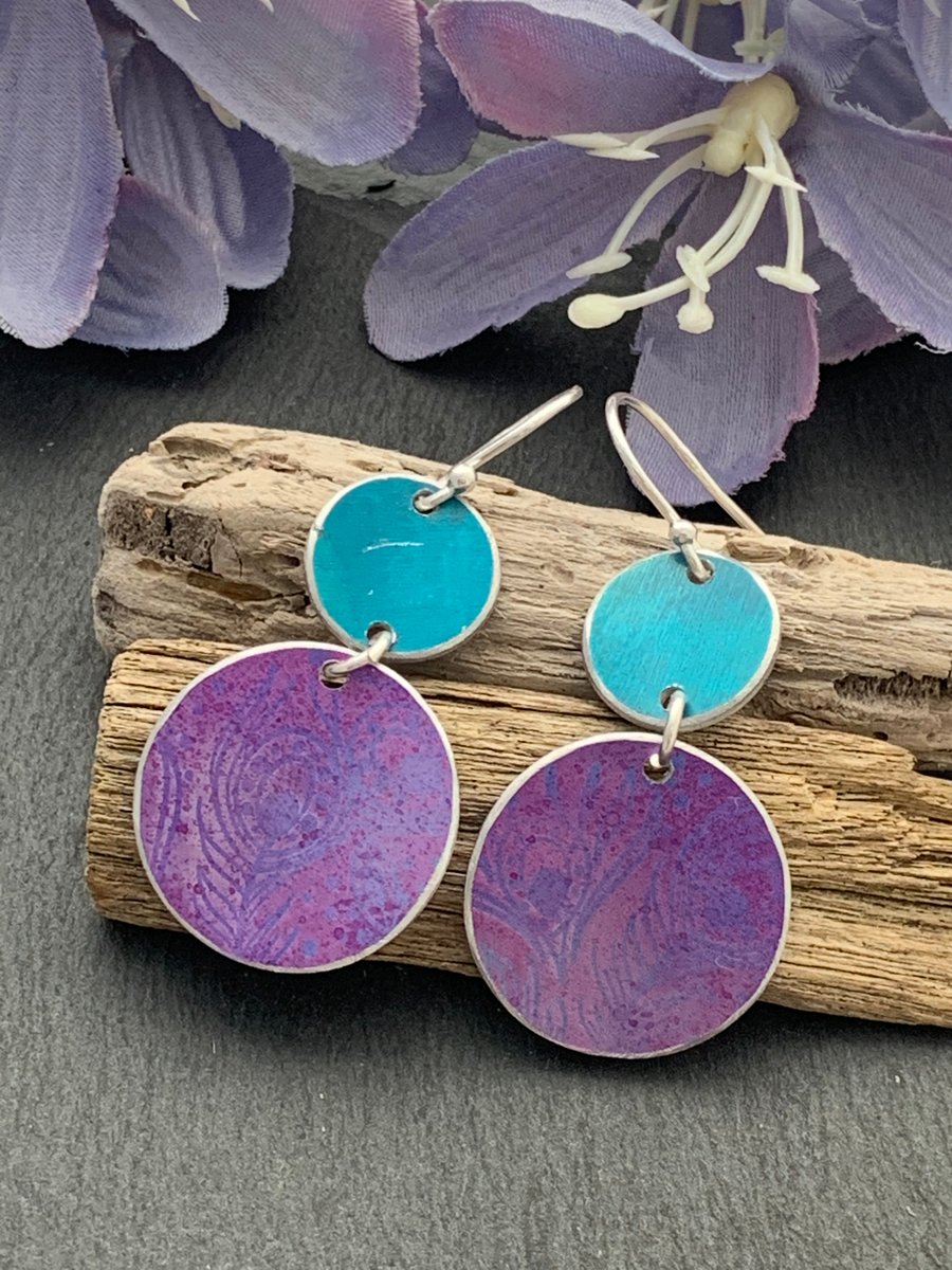 Water colour collection - hand painted aluminium earrings teal and Lilac
