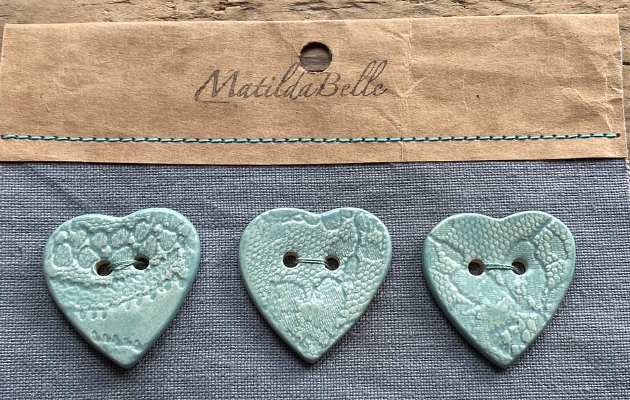 Buttons handmade ceramic set of 3 heart buttons green