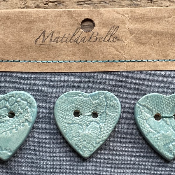 Buttons handmade ceramic set of 3 heart buttons green