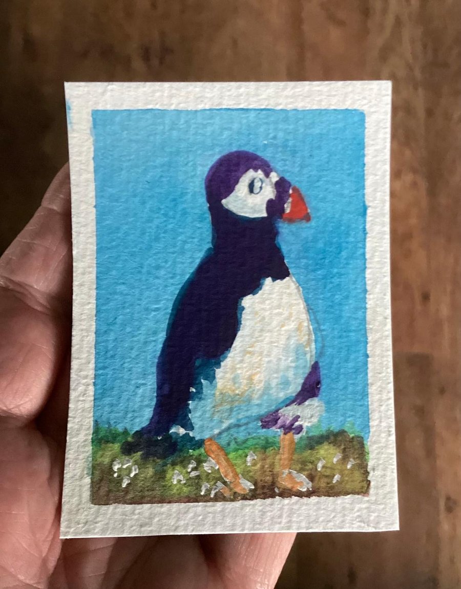ACEO, Puffin, Original Watercolour, Size 3.5 x 2.5 inches, Miniature Art