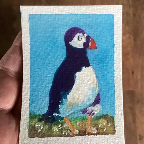 ACEO, Puffin, Original Watercolour, Size 3.5 x 2.5 inches, Miniature Art