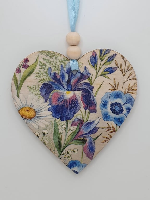 Floral wooden heart hanging decoration, flowers,  pretty gift for her