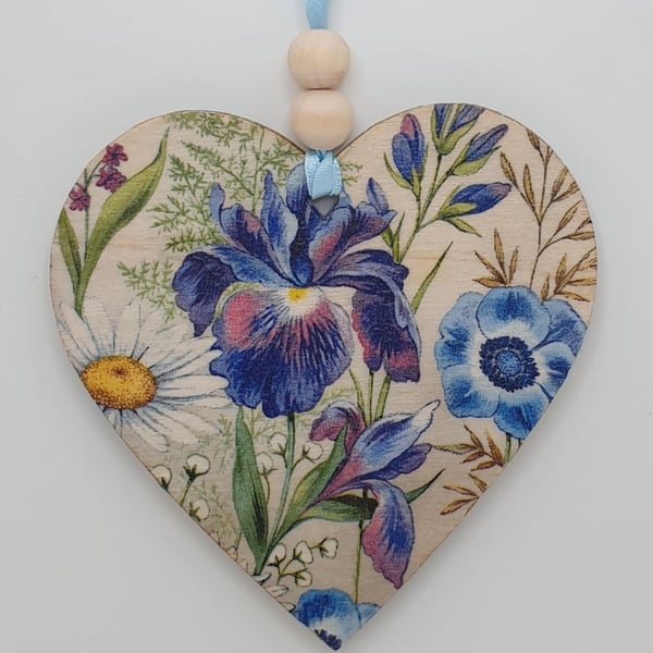 Floral wooden heart hanging decoration, flowers,  pretty gift for her