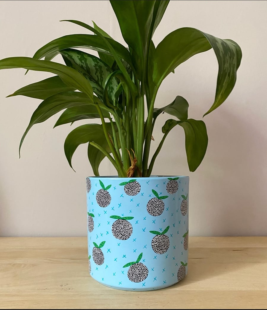 Blue Hand Painted Fruit Design Abstract Indoor Plant Pot 