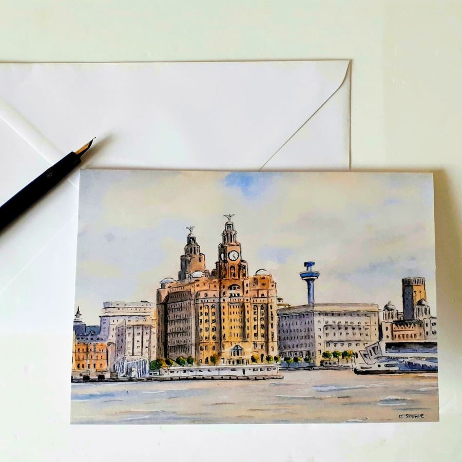 Blank greetings card A5 Liverpool Pier Head from original watercolour painting