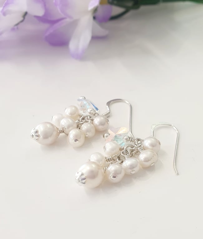 Pearl Cluster Earrings with Crystal Butterflies