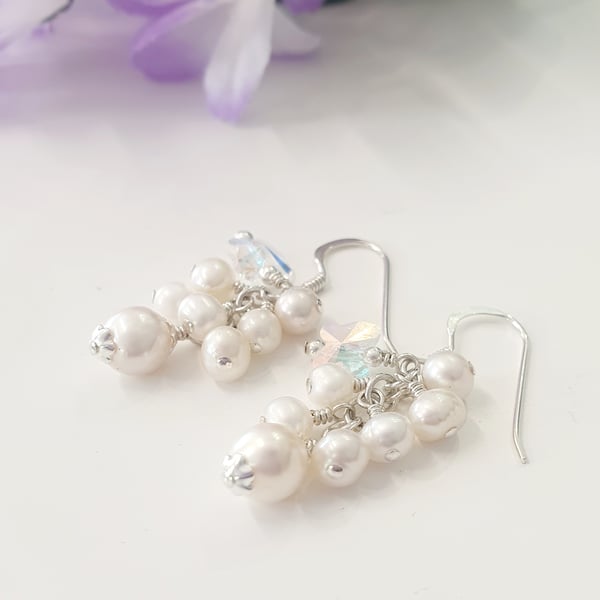 Pearl Cluster Earrings with Crystal Butterflies