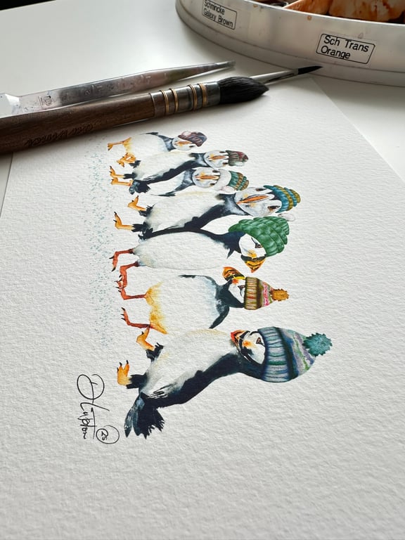 Watercolour Print Puffinry Of Puffins - Signed