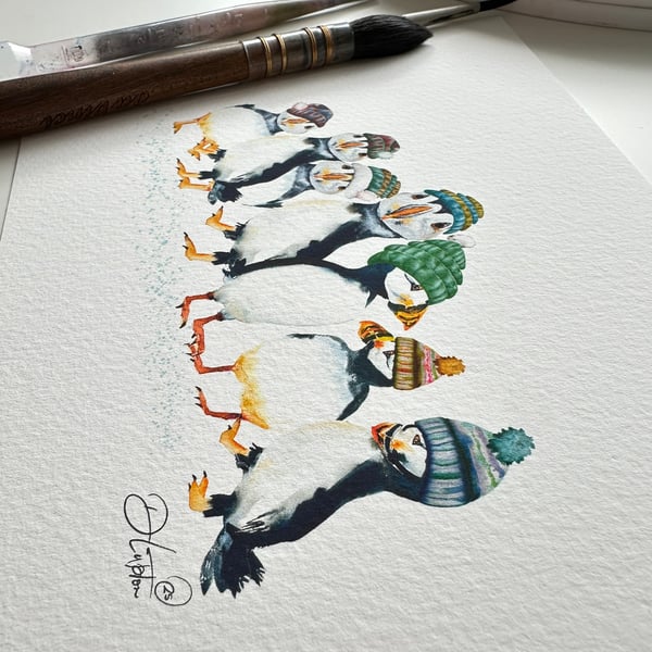 Watercolour Print Puffinry Of Puffins - Signed