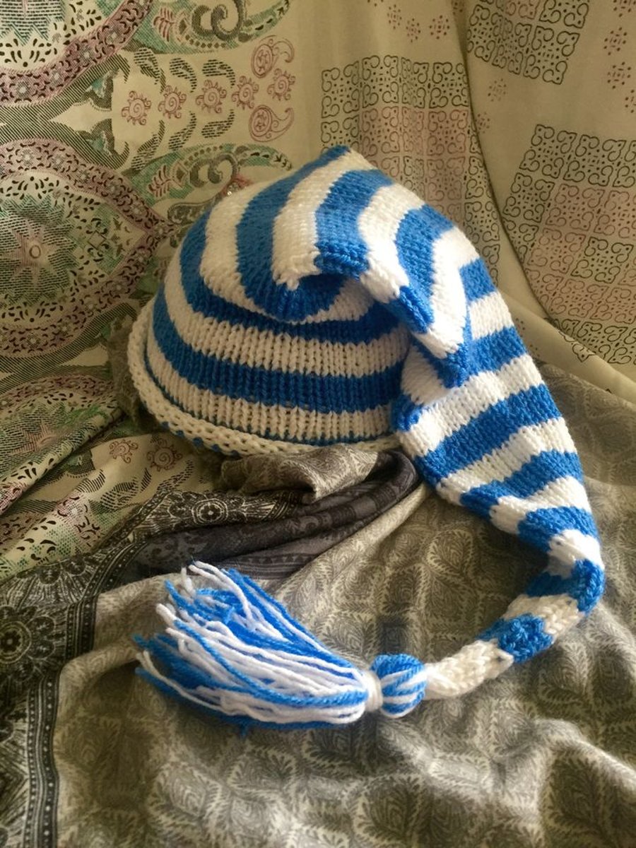 Knitted blue and white sparkle stripe mix pixie sock hat