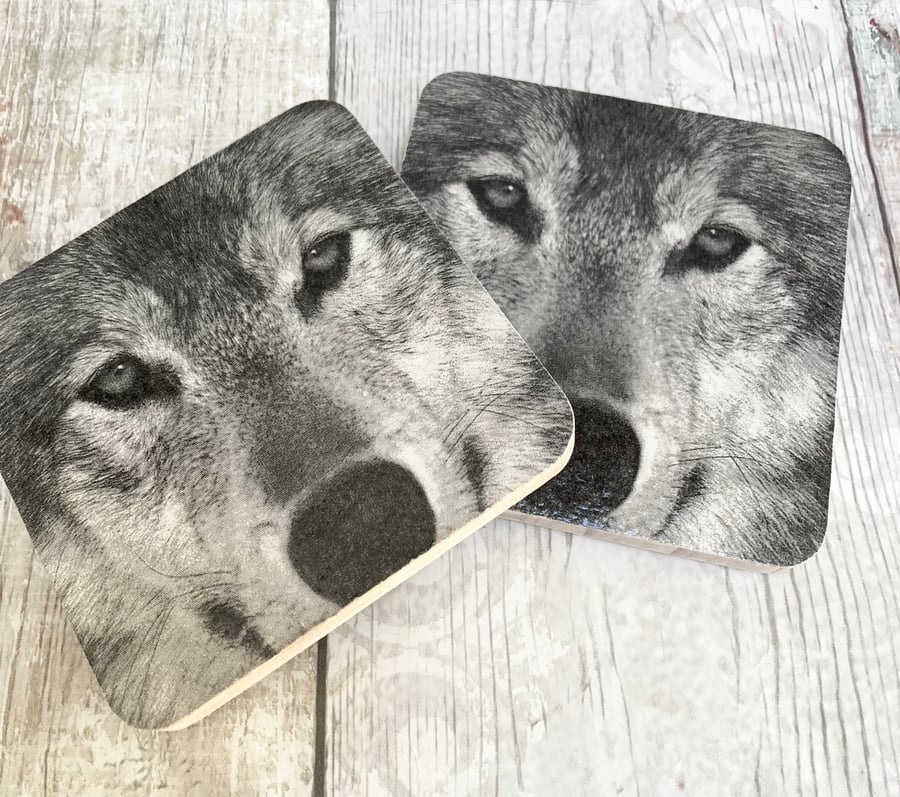 Handmade Wolf Face Coasters  Set of 2 Wooden Coasters Wildlife Home Decor Gif