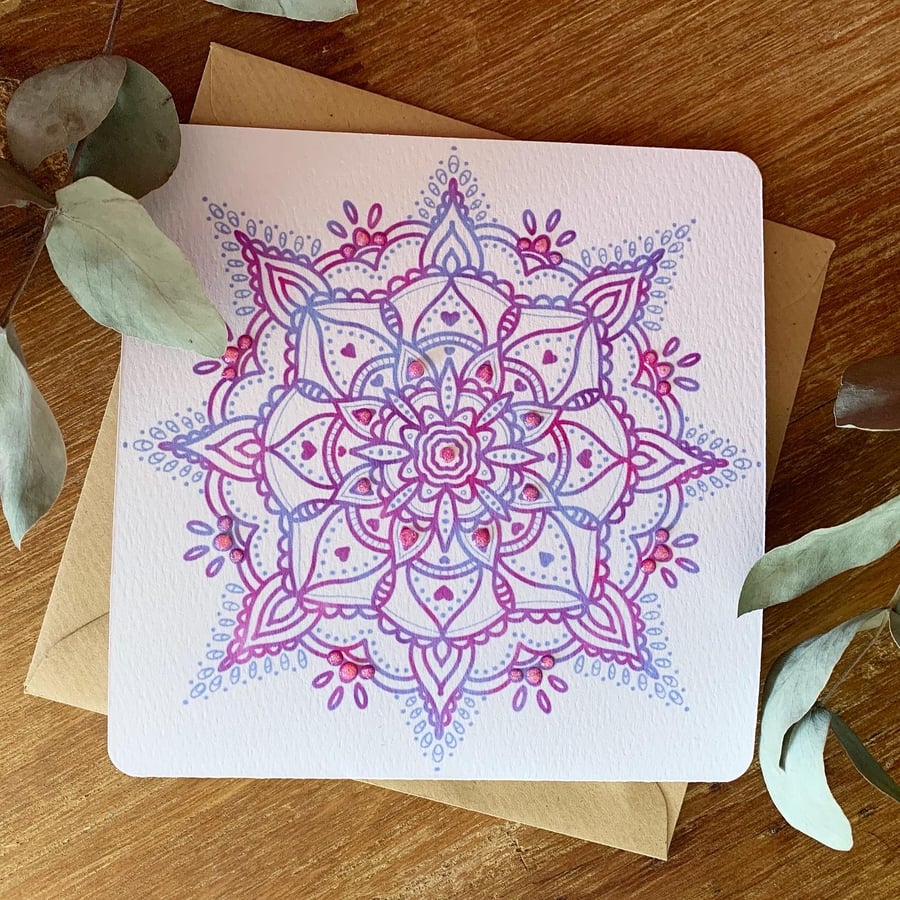 Mandala Pattern embellished with glitter greetings card