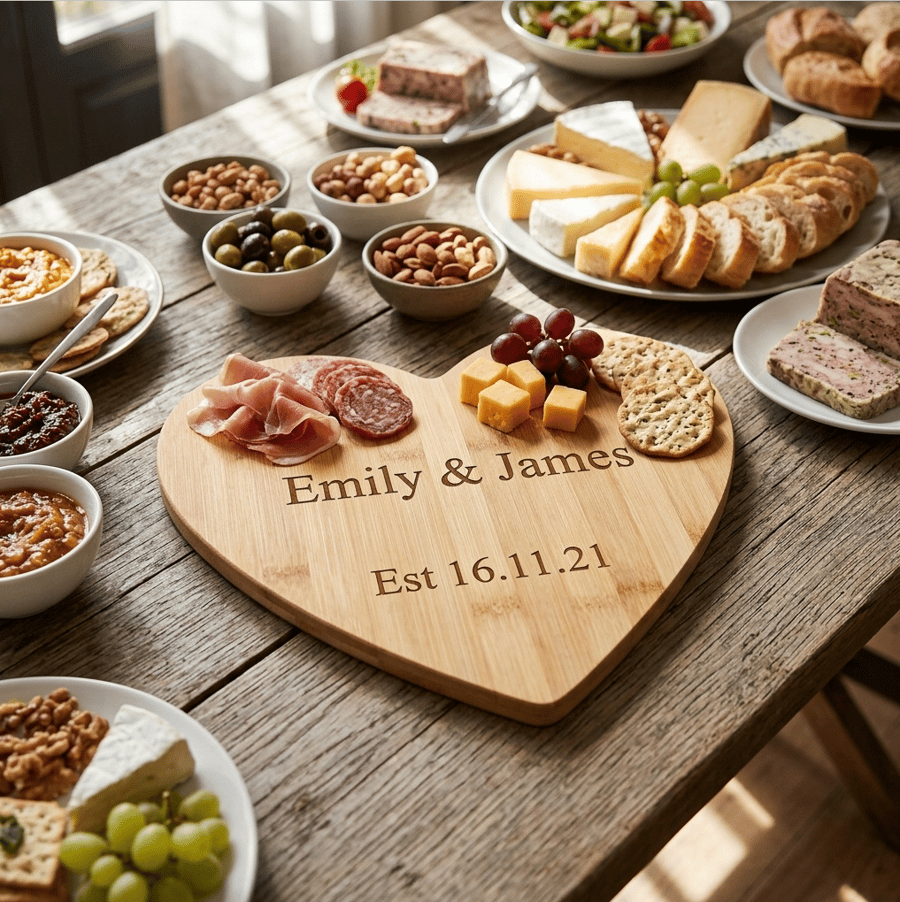 Image of Personalised Heart Cheese Board, Bamboo, Wedding Gift, New Home