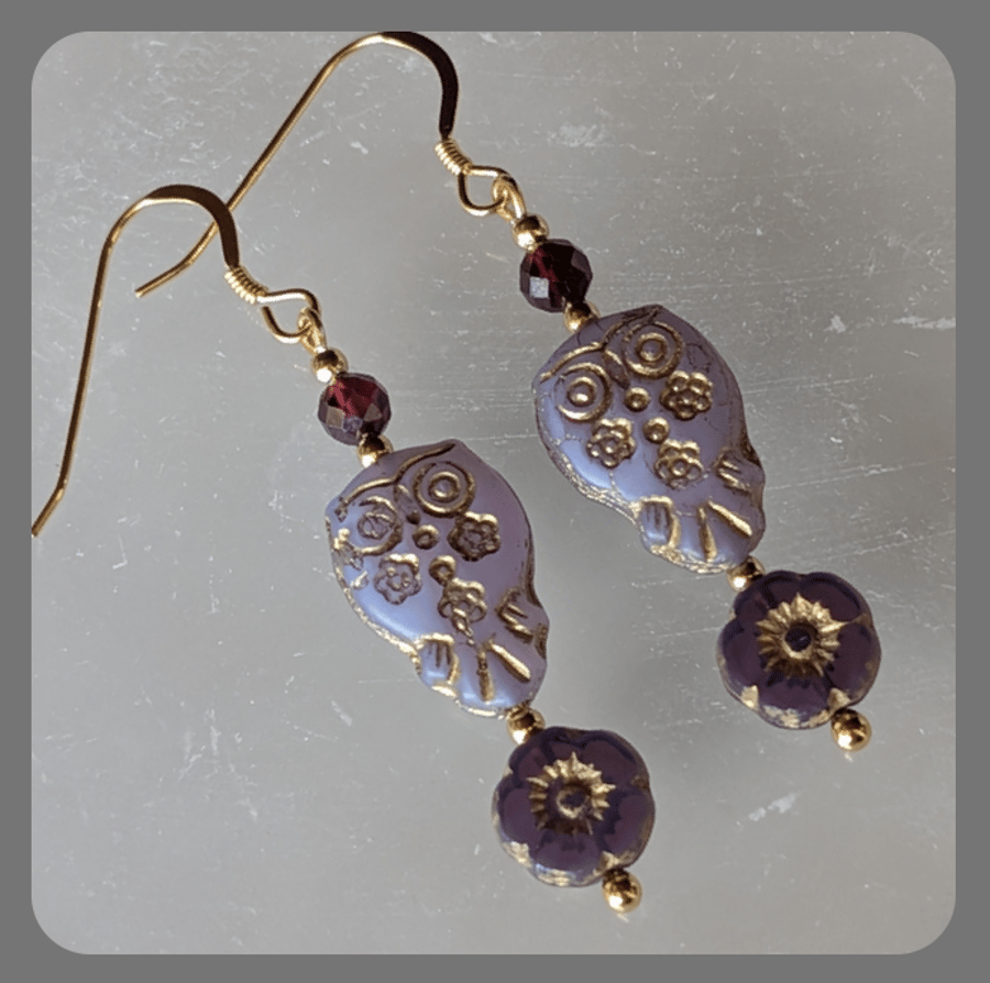 Czech Glass Owl Flower, Garnet and Vermeil Earrings