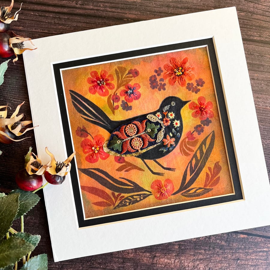 Textile picture of blackbird and flowers, fabric art, gift for bird lover