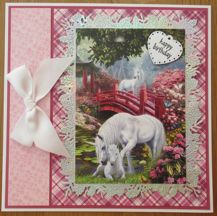 Unicorns In A Japanese Garden - 8x8" Birthday Card - Pink