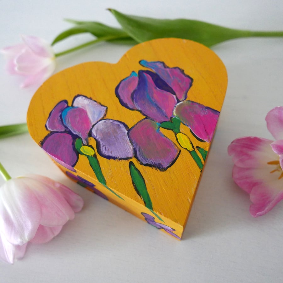 Iris Flowers Painting, Yellow Heart Jewellery Box, Mother's Day Gift