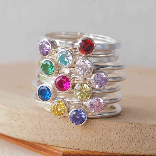 Sparkly Silver Stackers - Birthstone Rings