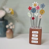 Clay Flower and Button Garden in a Wood Block 'Enjoy the Little Things'