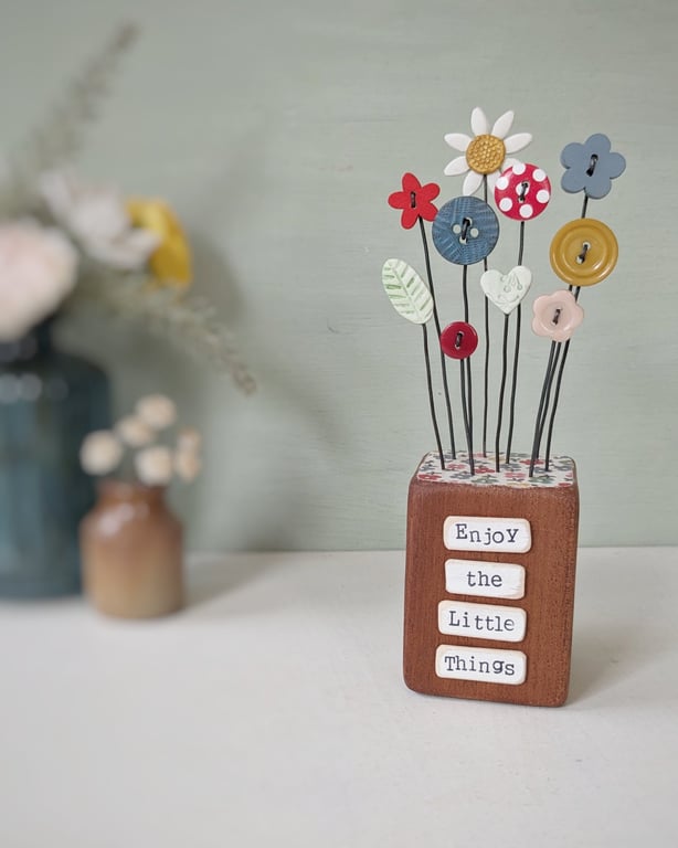 Clay Flower and Button Garden in a Wood Block 'Enjoy the Little Things'