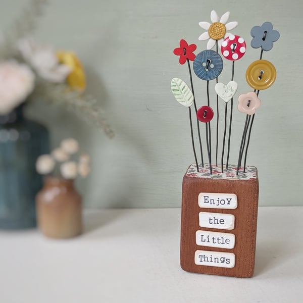 Clay Flower and Button Garden in a Wood Block 'Enjoy the Little Things'