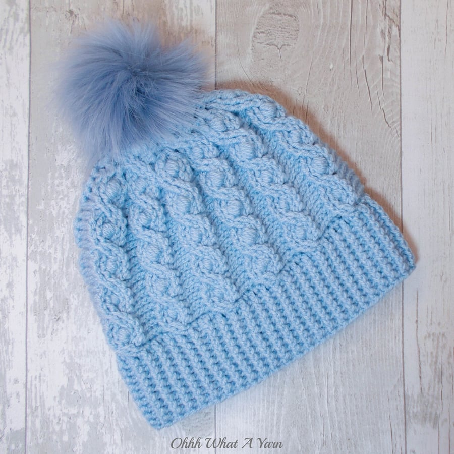 Light blue ladies cable pom pom hat. Crochet hat. Ladies hat.