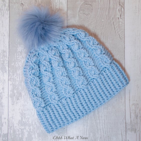 Light blue ladies cable pom pom hat. Crochet hat. Ladies hat.
