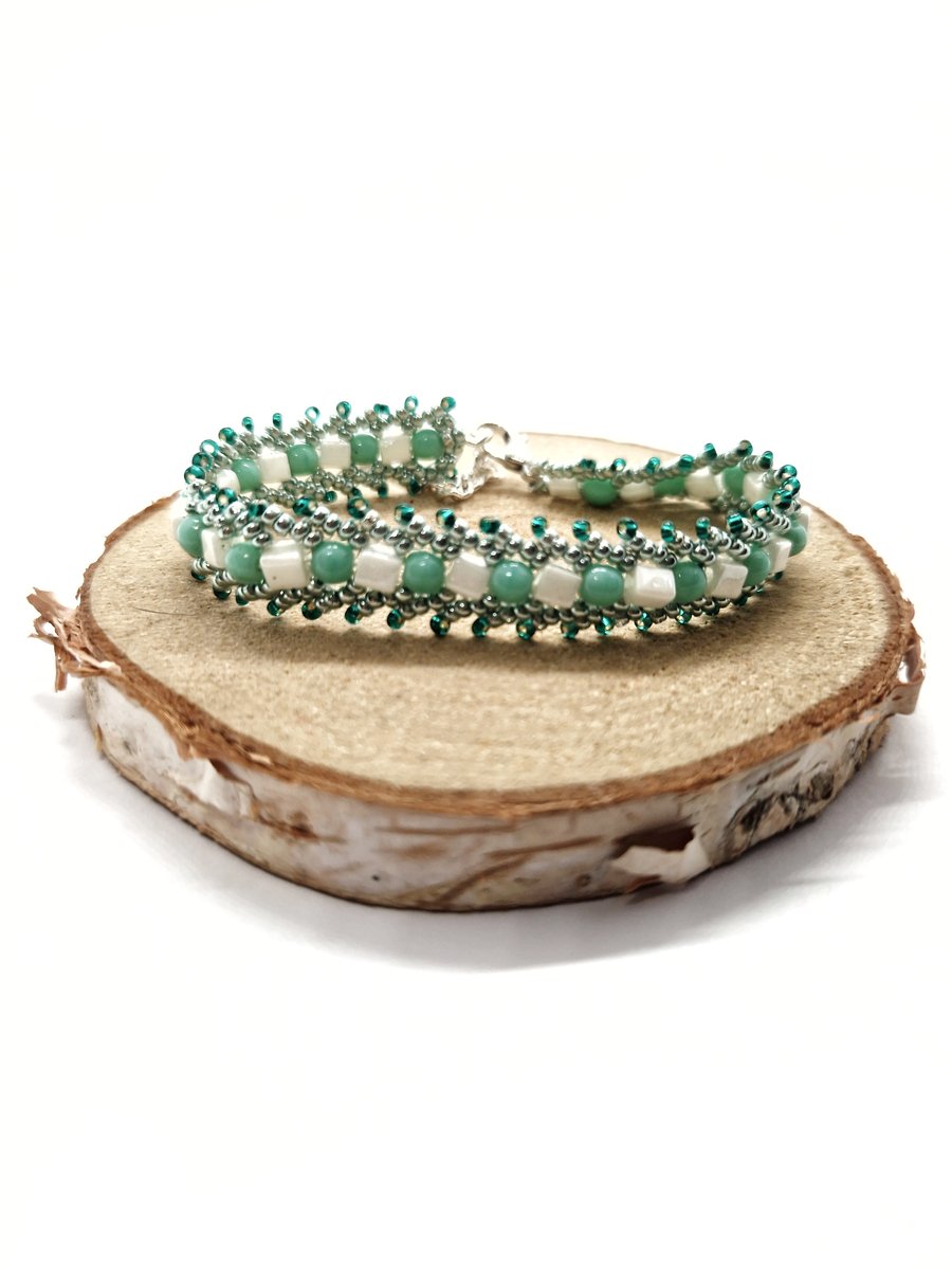 Turquoise and white cube and pearl bead beadwork bracelet