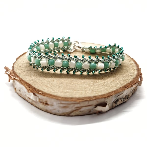 Turquoise and white cube and pearl bead beadwork bracelet