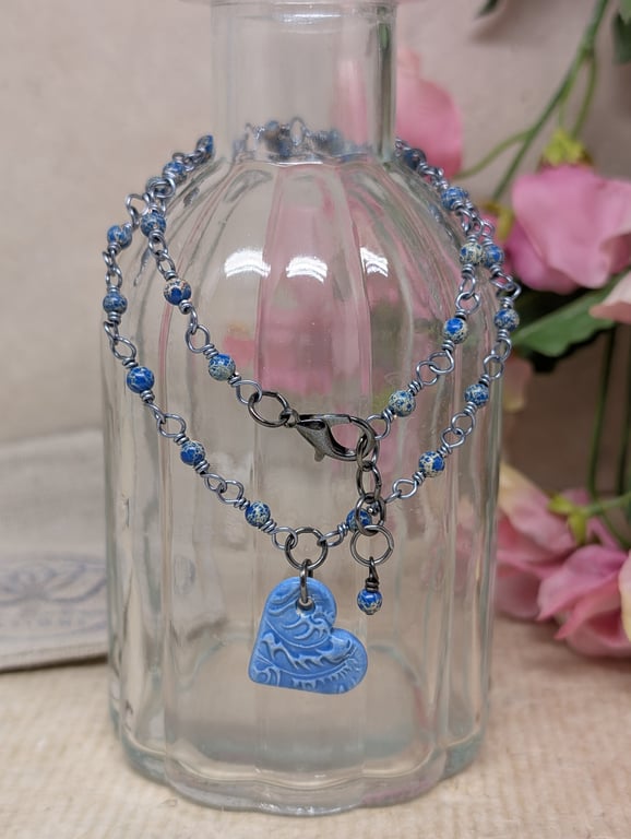 Blue ceramic heart pendant with jasper and wirework chain