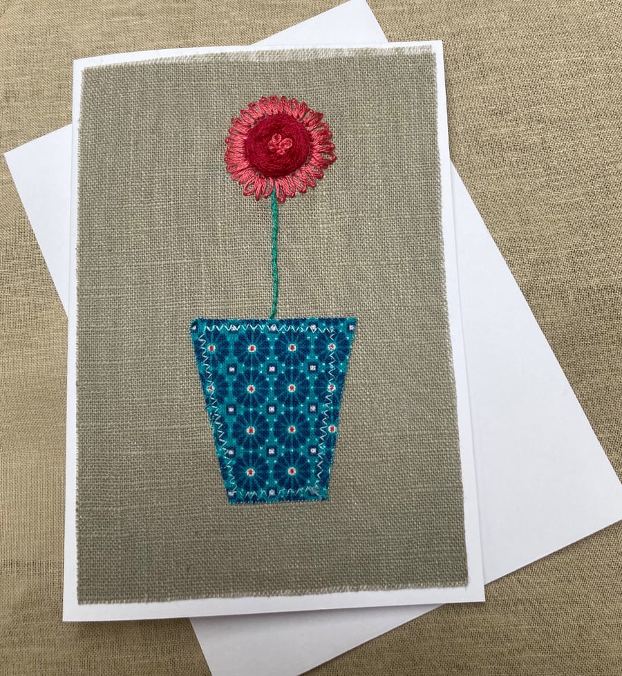  Pink flower embroidered card.