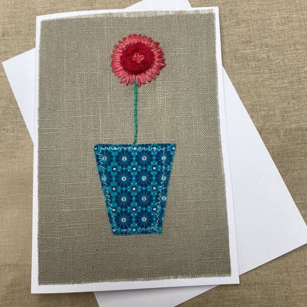  Pink flower embroidered card.