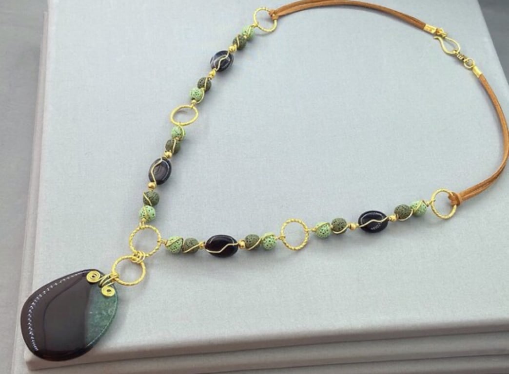 Boho Beaded Lava Rock & Agate Faux Suede Necklace