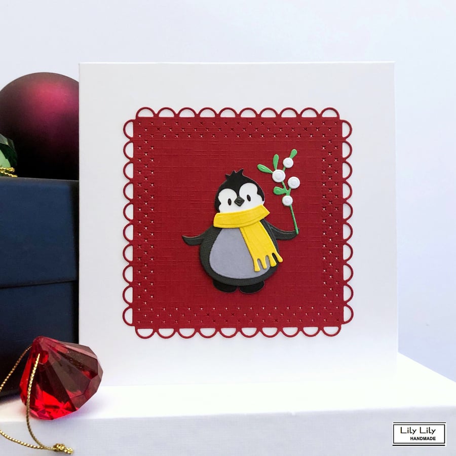 Festive Penguin and Mistletoe Christmas Card by Lily Lily Handmade 