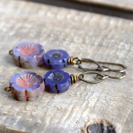 Handmade Purple Czech Glass Flower Earrings - Bohemian Style Jewellery