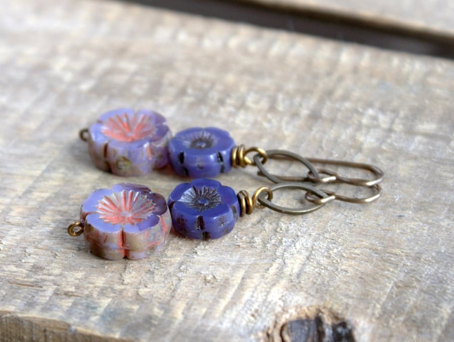 Handmade Purple Czech Glass Flower Earrings - Bohemian Style Jewellery