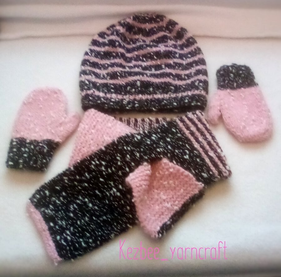 Hat, Scarf and Mittens set - hand knitted - toddler girl (1 - 2 years)