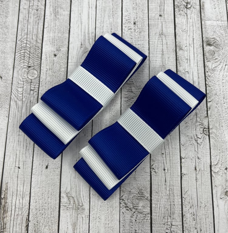 Cobalt Blue and White 3 inch Straight Bows on Clips (pair)