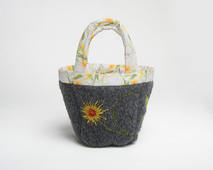 Tiny charcoal  bag for fiddly little projects with hand embroidered marigold 