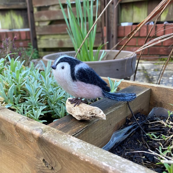 Long tailed tit, needle felted sculpture, British garden birds