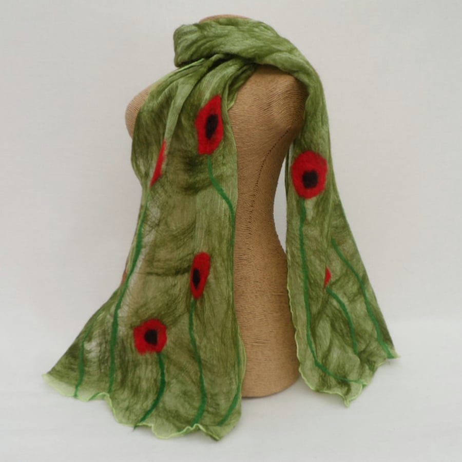 Scarf Nuno felted wool on silk (green with poppy detail) 