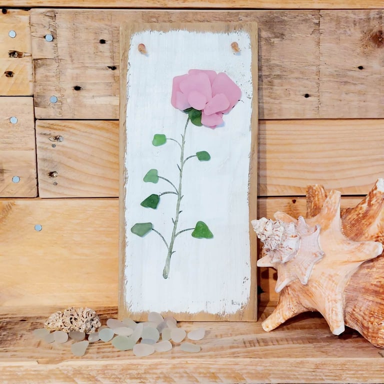 Sea Glass Rose Wooden Wall Art Picture - Pink Rose on Reclaimed Wood