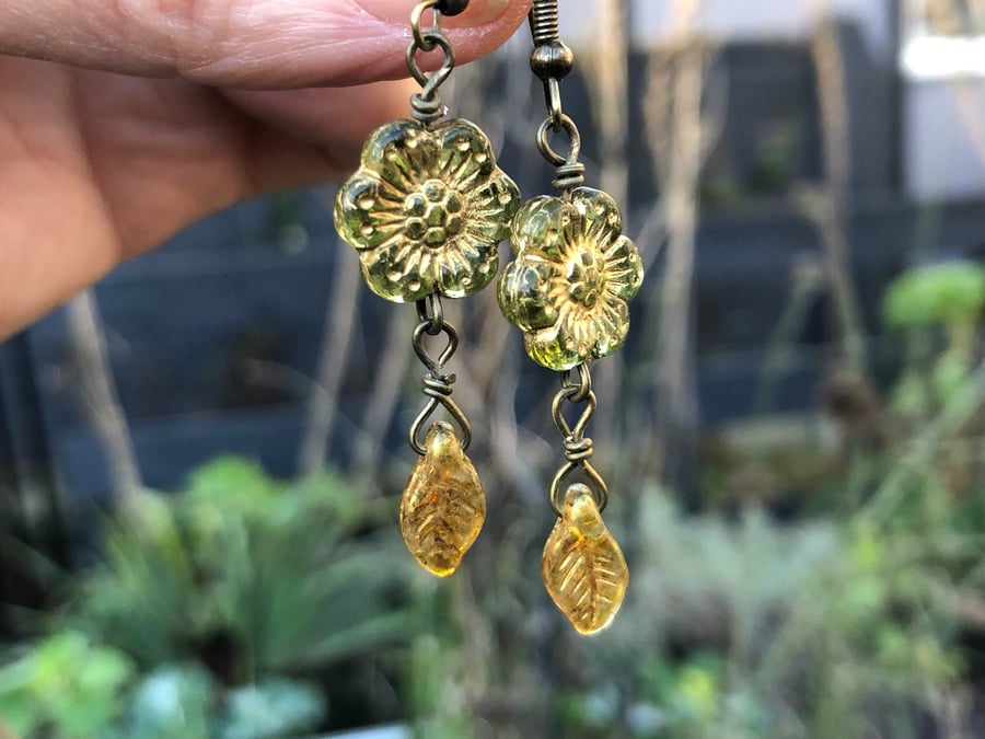 Dangly Green Boho Flower Earrings CZECH Glass Bohemian Floral Beaded
