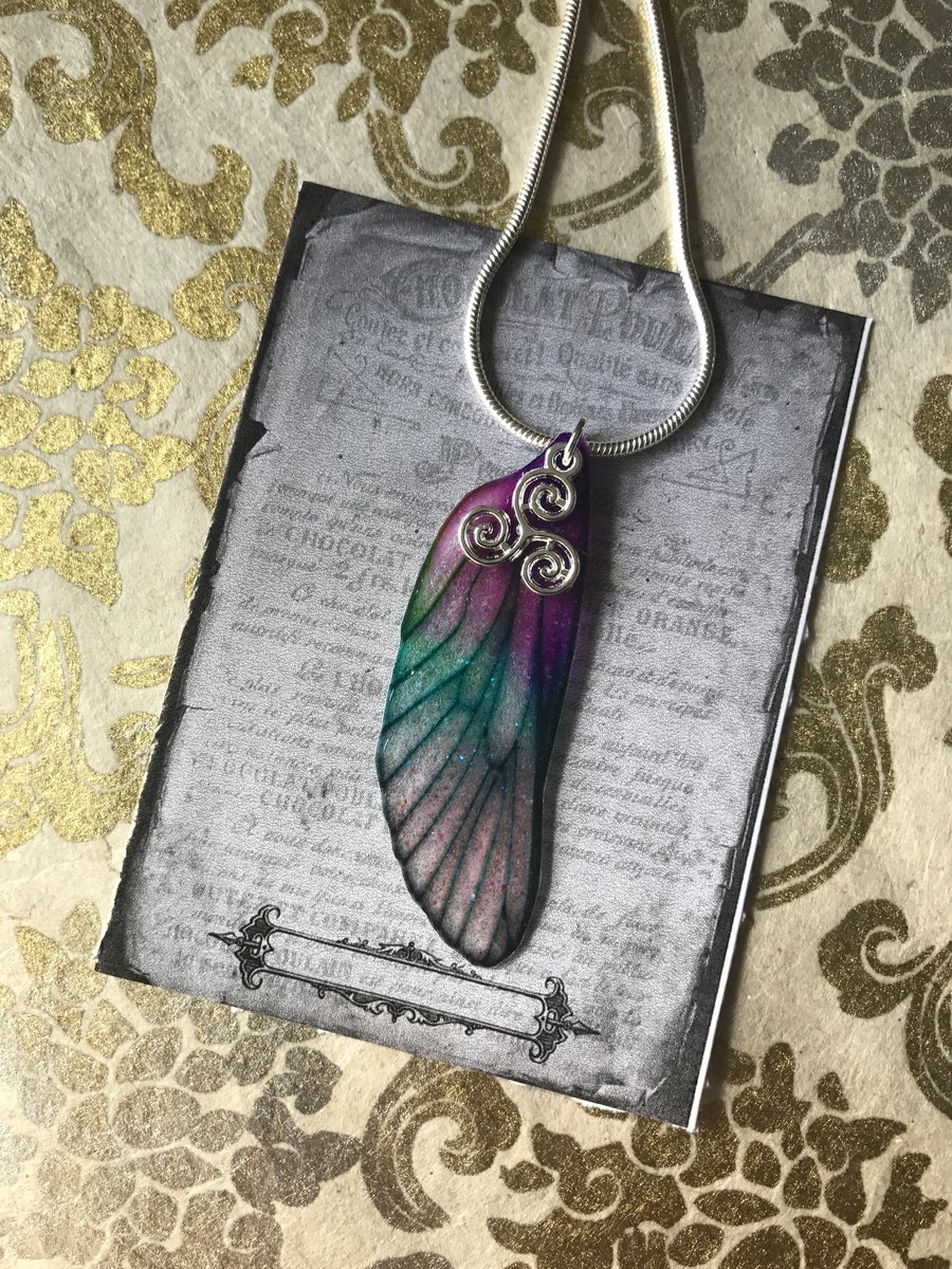 Purple Triskelion Sterling Silver Glittery Fairy Wing Necklace Pendant